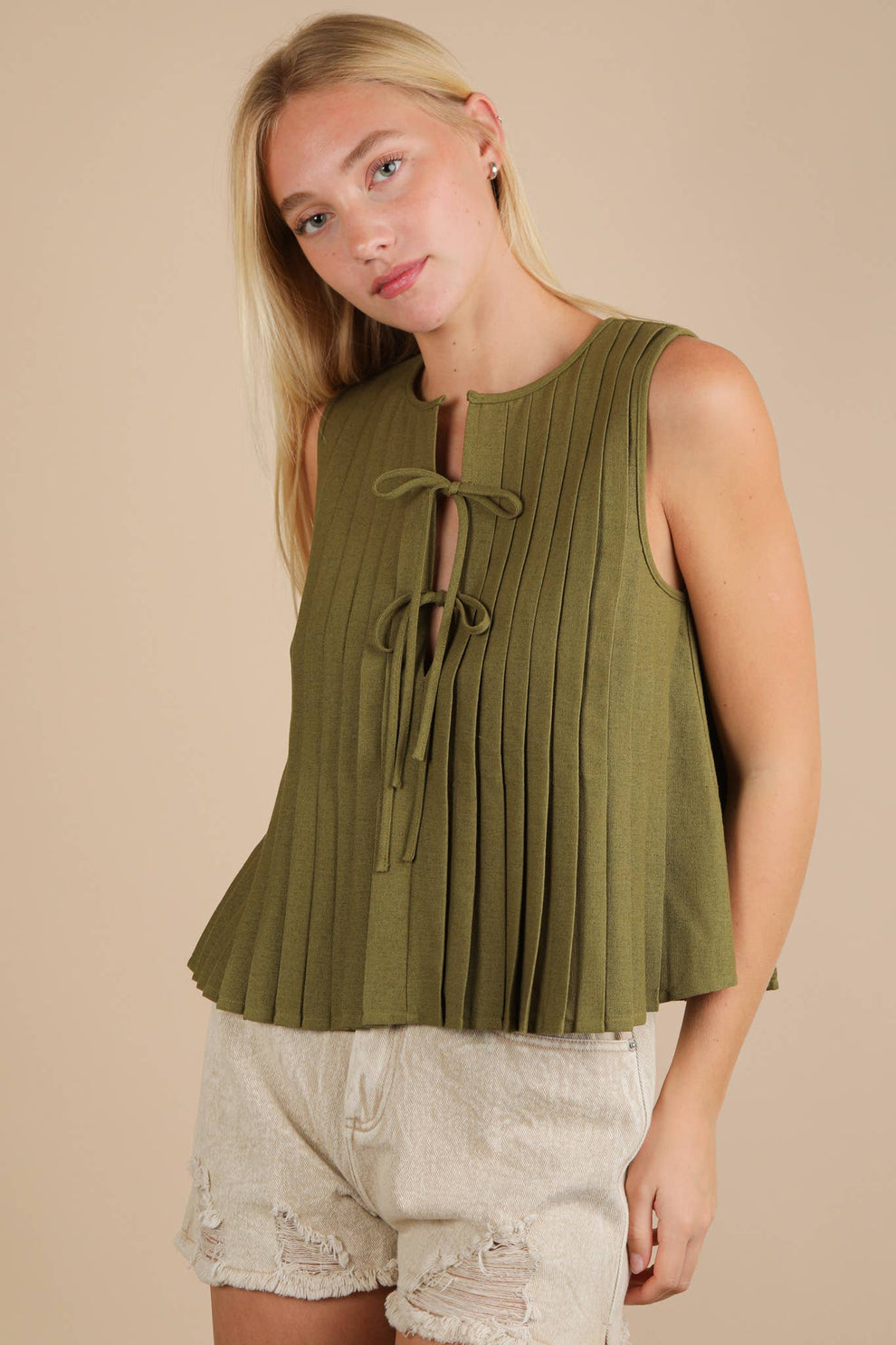 Olive Linen Blend Pleated Tank by NewIn