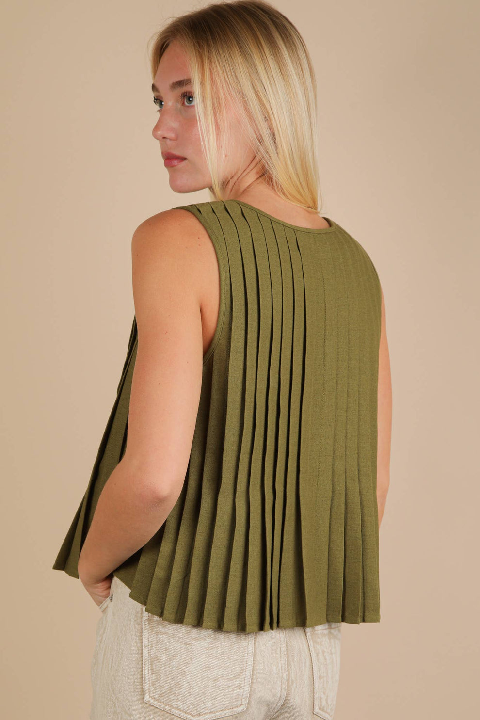 Olive Linen Blend Pleated Tank by NewIn