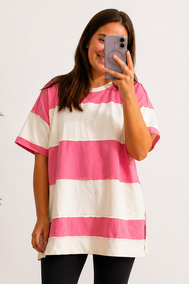 Umgee Pink & White Oversized Striped Top