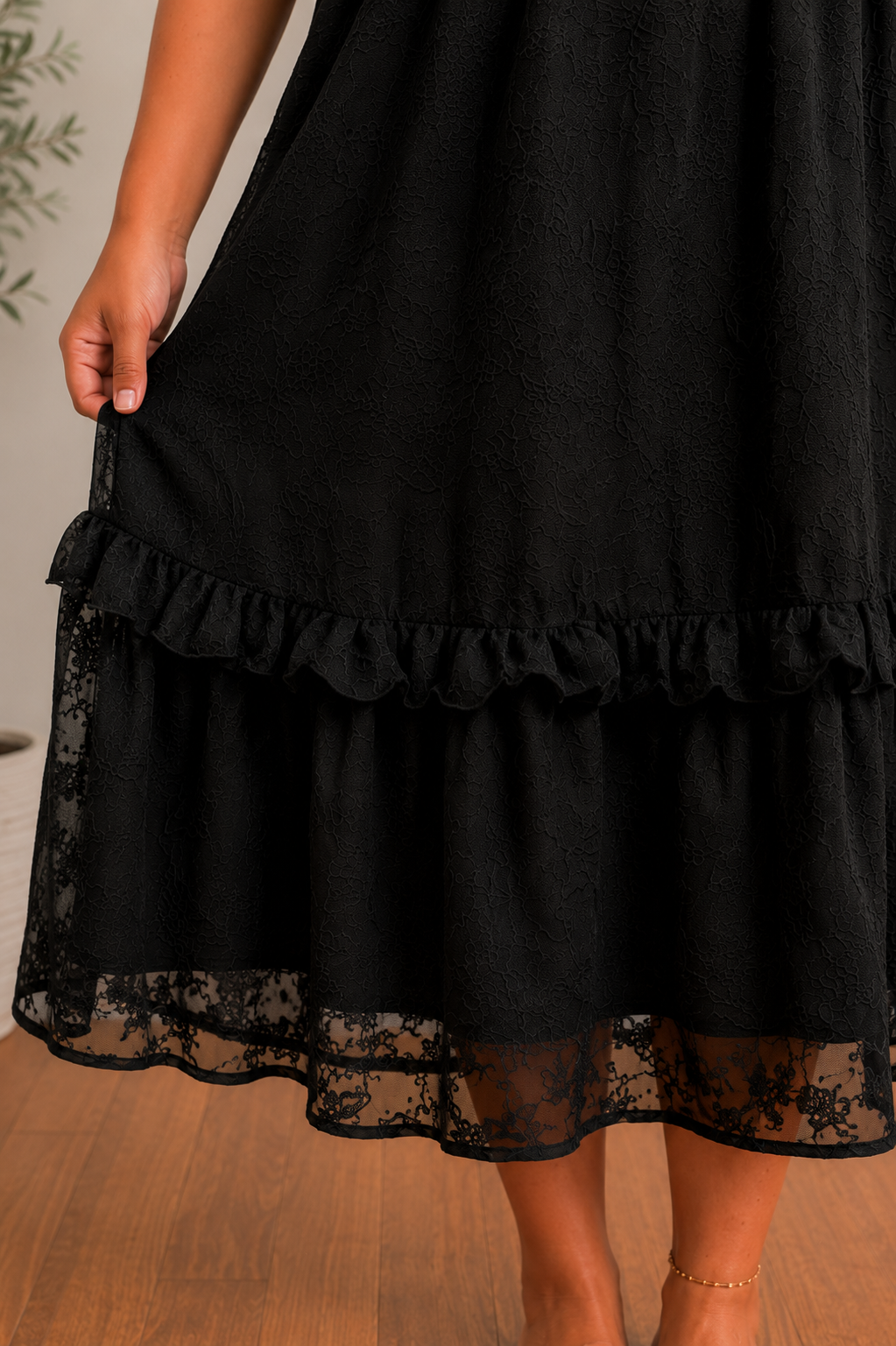 Black Ruffle Tiered Midi Dress