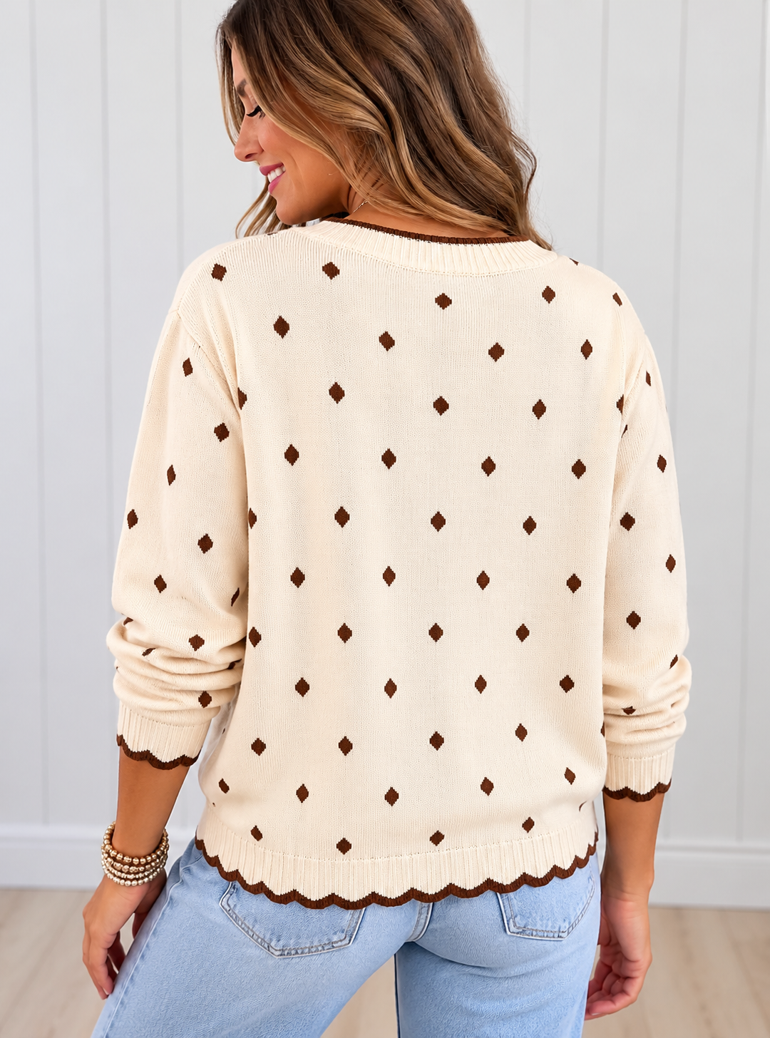 Cream & Brown Polka Dot Scalloped Sweater