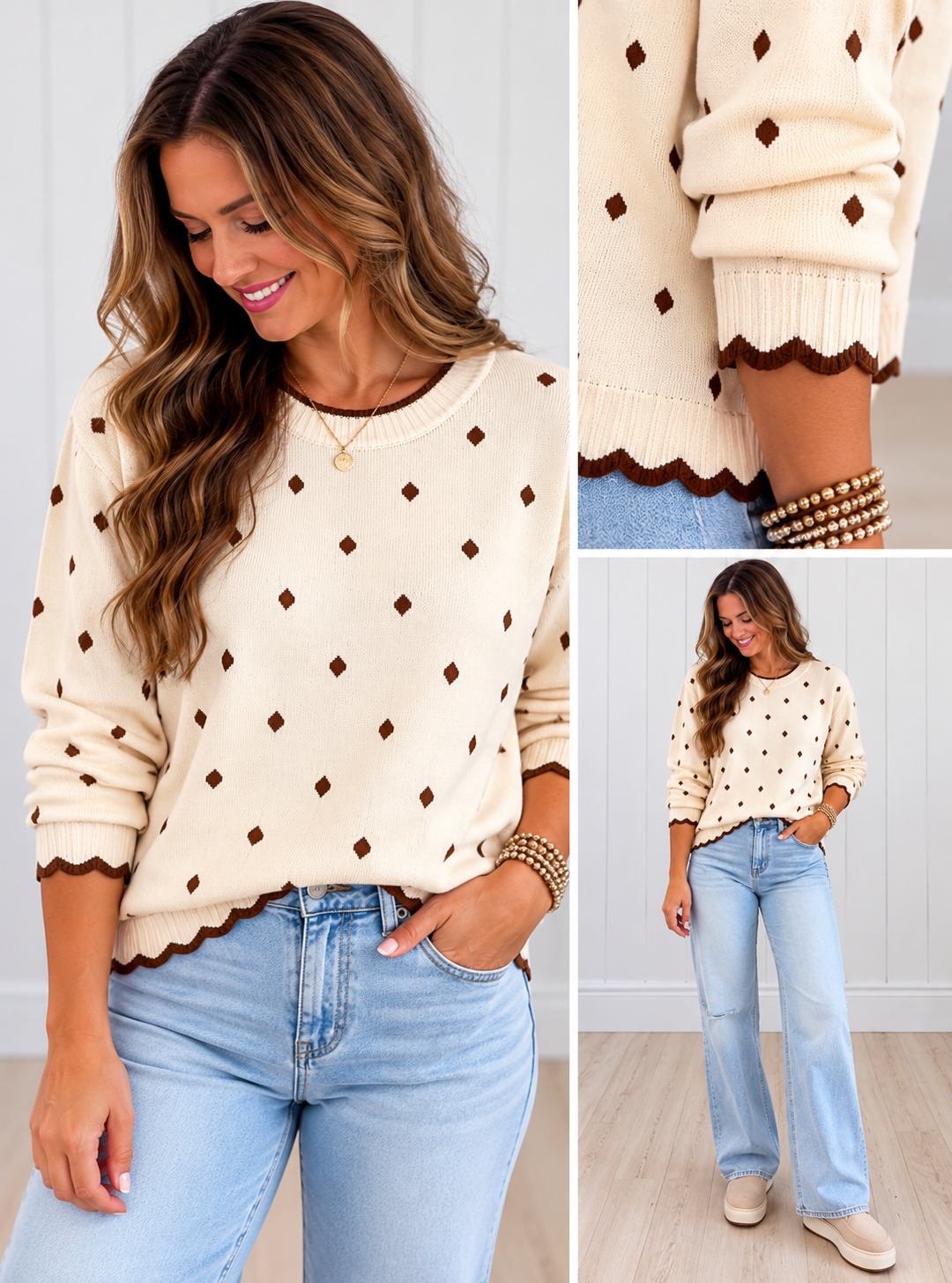 Cream & Brown Polka Dot Scalloped Sweater