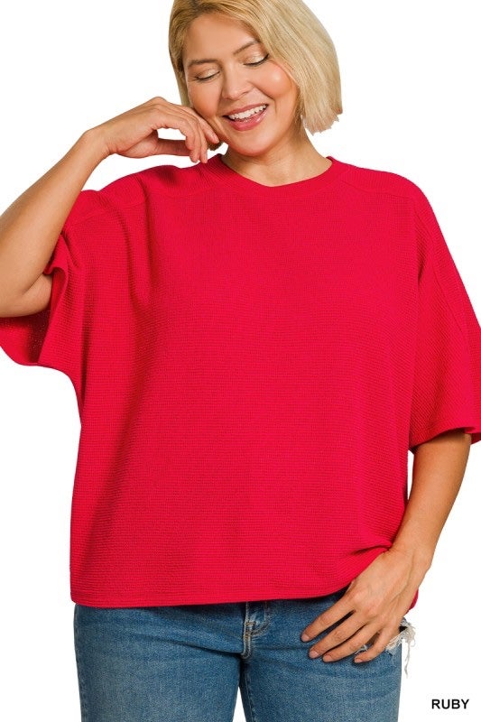 Zenana Double Knit Exposed Seam Curved Hem Top