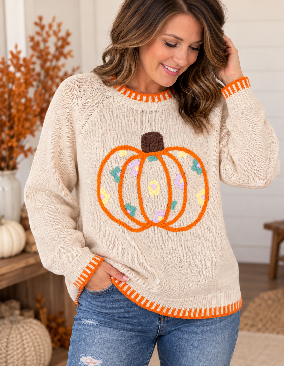 Floral Embroidered Pumpkin Sweater – Cream