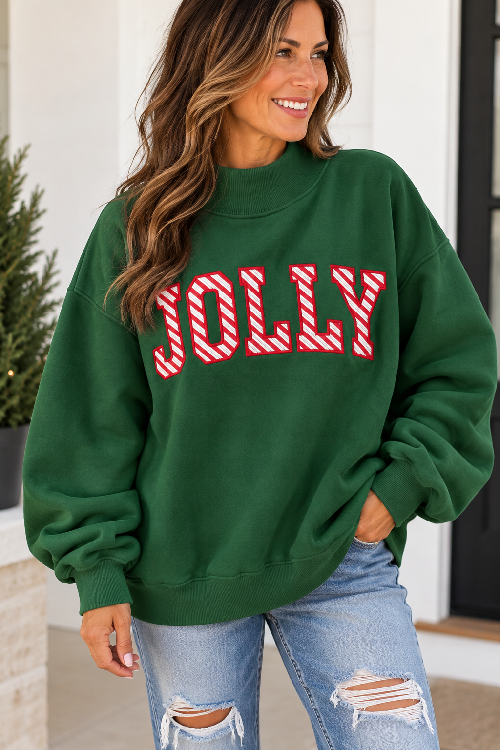 Green Jolly Embroidered Christmas Mock Neck Sweatshirt