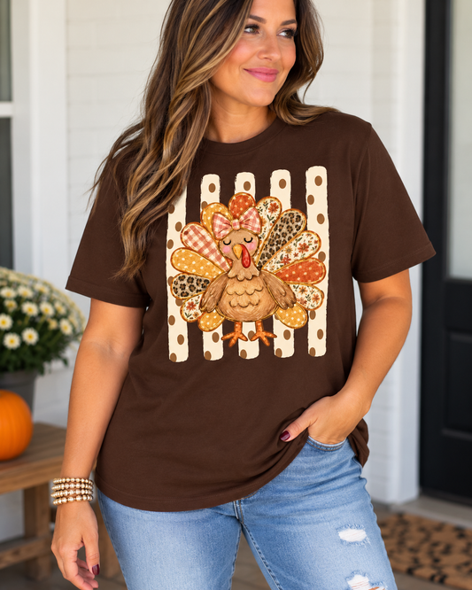 Patchwork Turkey Thanksgiving Graphic Tee – Brown