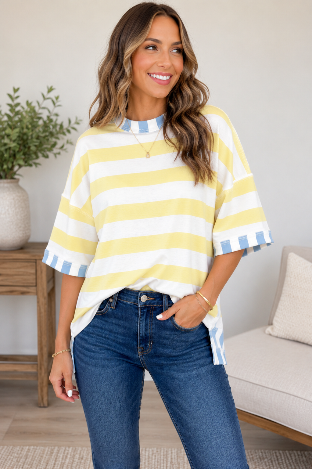 Yellow Stripe Exposed Seam Oversized Top