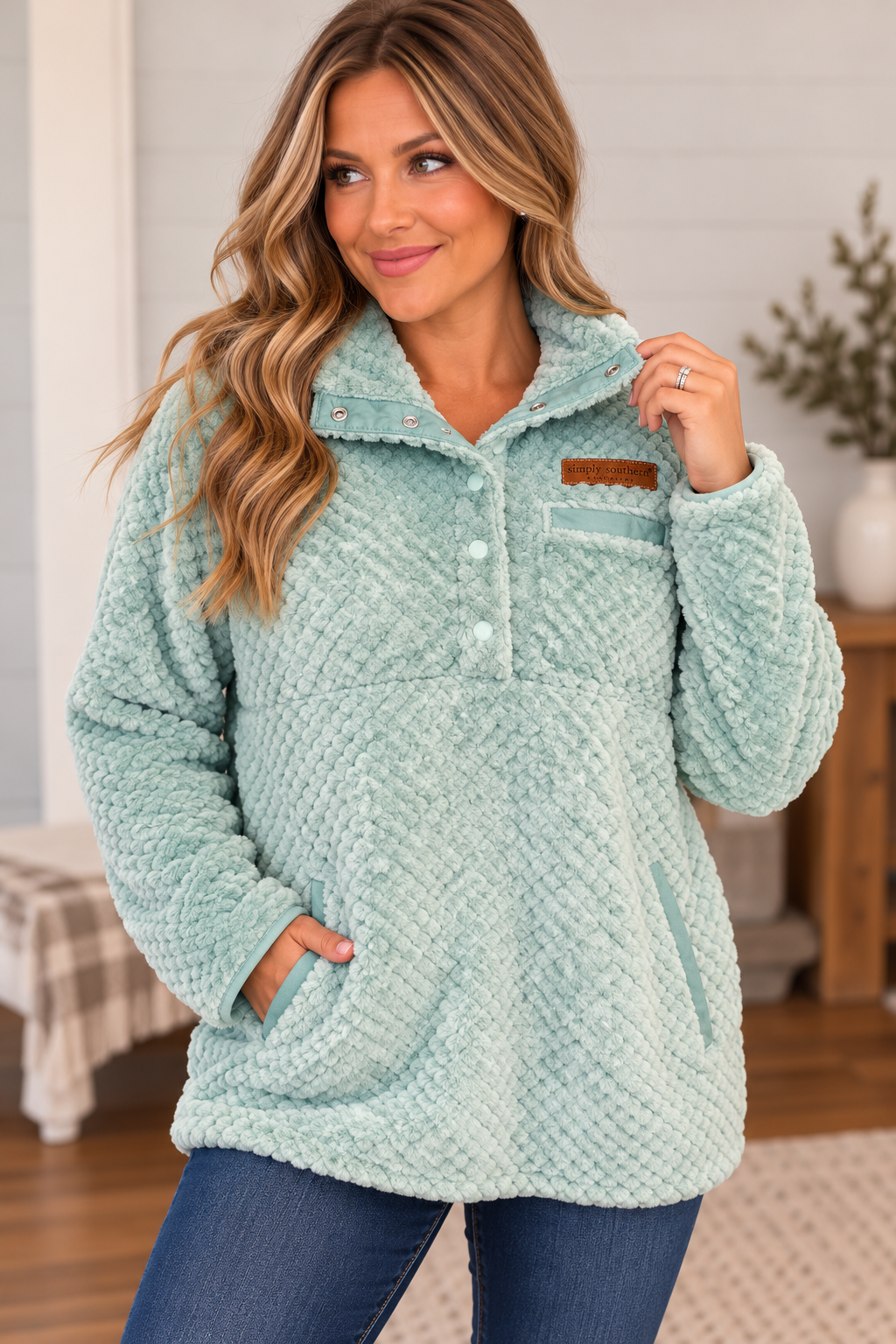 Simply Southern Soft Fleece Snap Pullover in Harbor Green