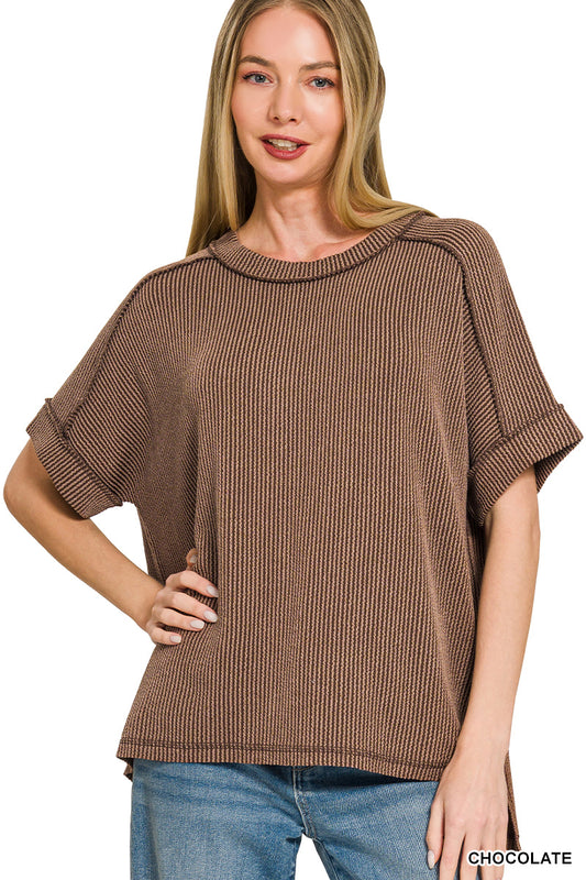 Raised Rib Cuff Raw Edge Top