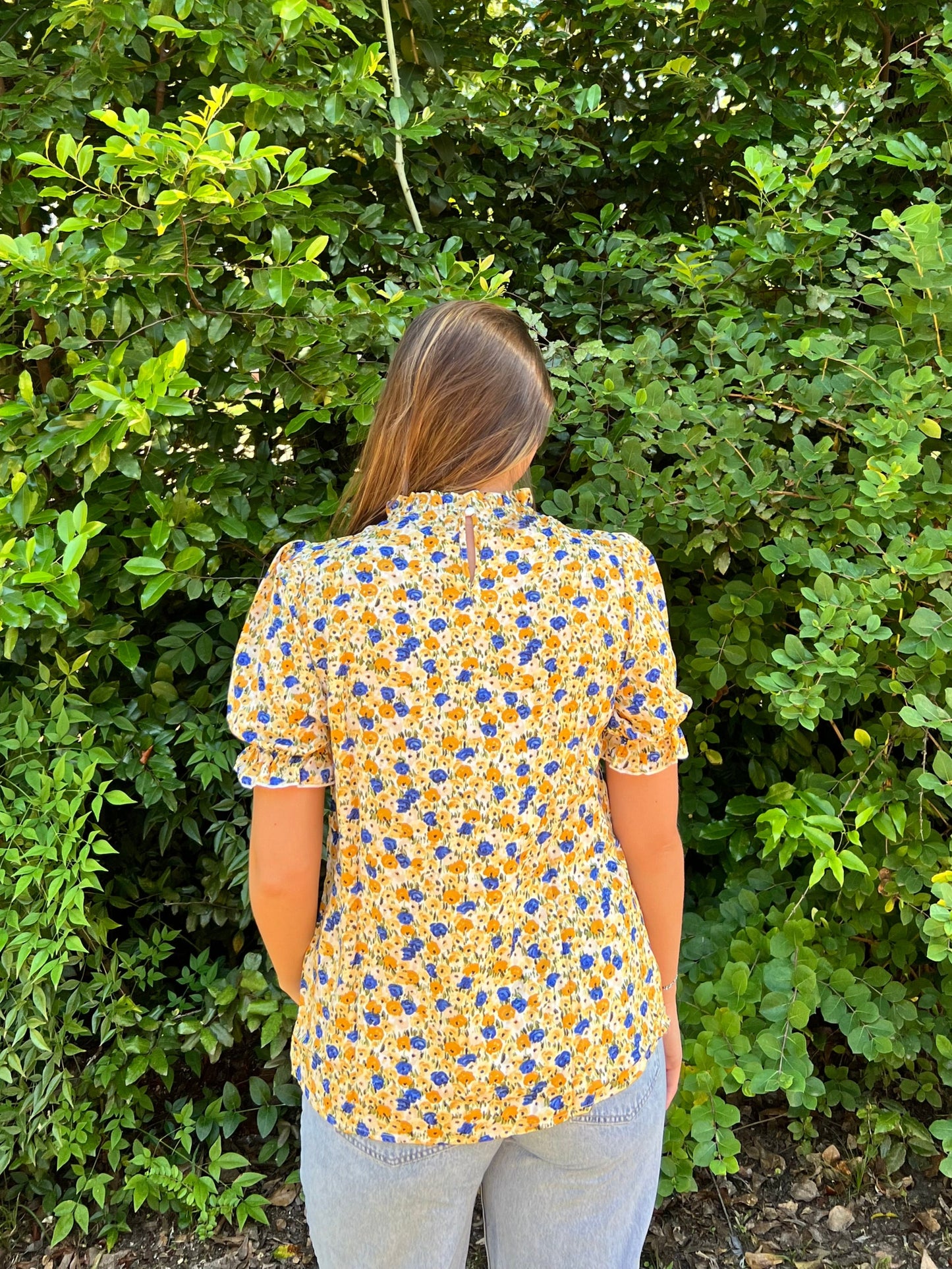 Yellow Boho Floral Ruffle Short Sleeve Frill Mock Neck Blouse