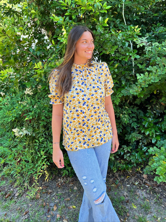 Yellow Boho Floral Ruffle Short Sleeve Frill Mock Neck Blouse