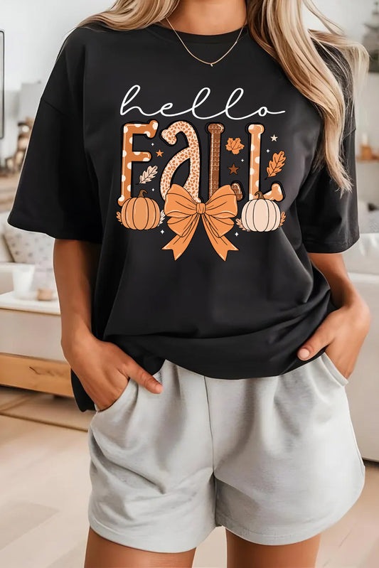 Hello Fall Pumpkin & Bow Graphic Tee – Black