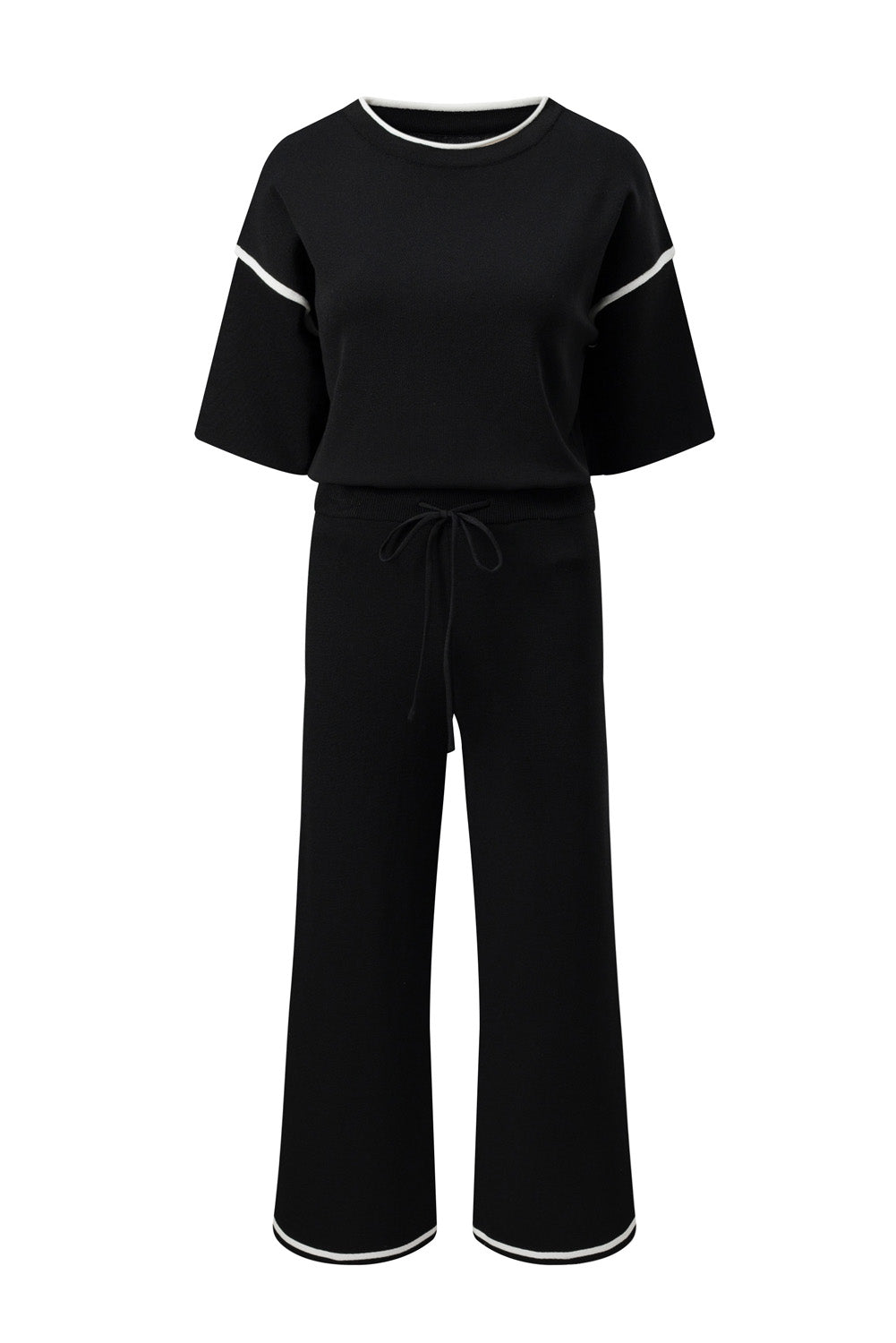 Black Contrast Trim Sweater Knit Pant Set