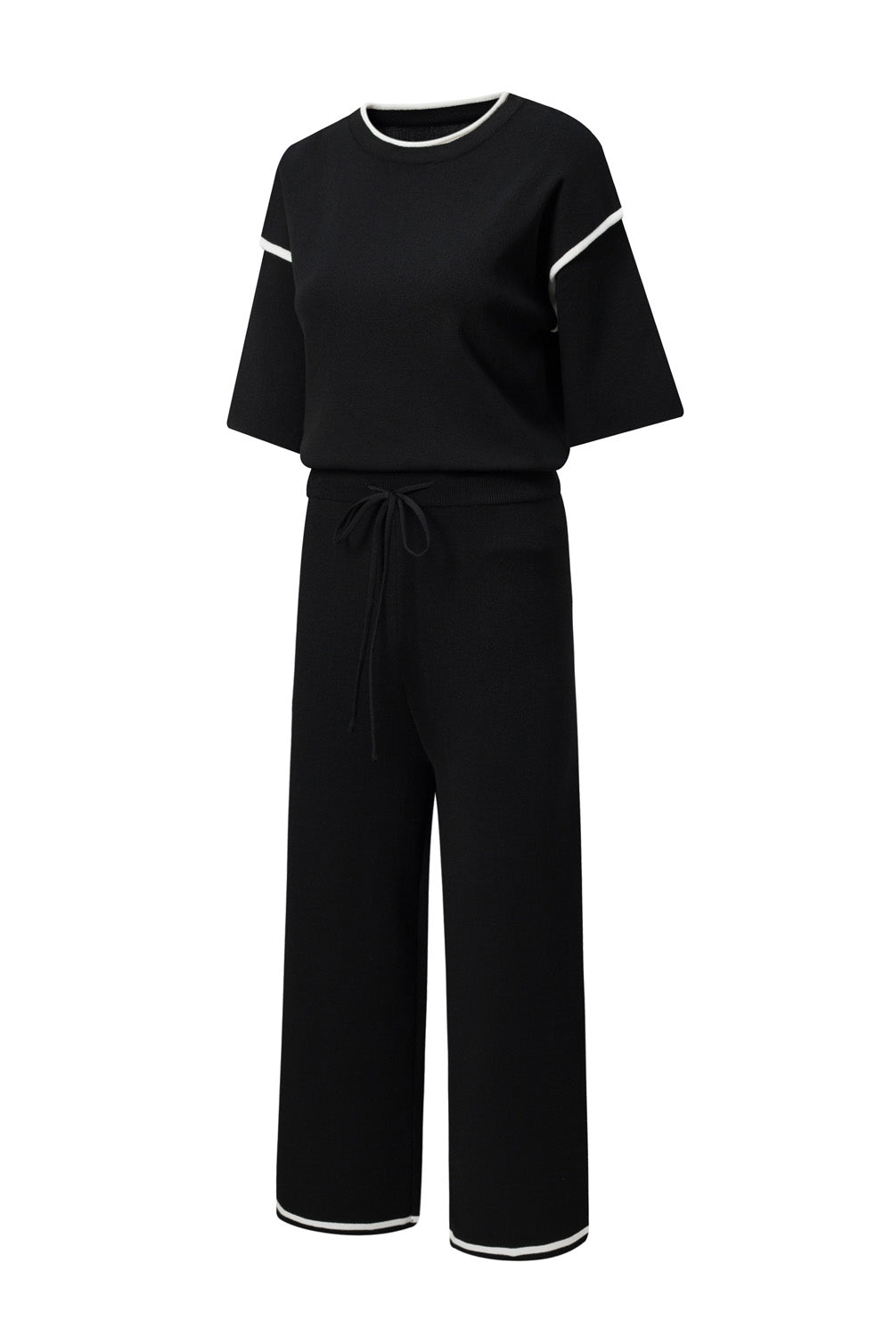 Black Contrast Trim Sweater Knit Pant Set