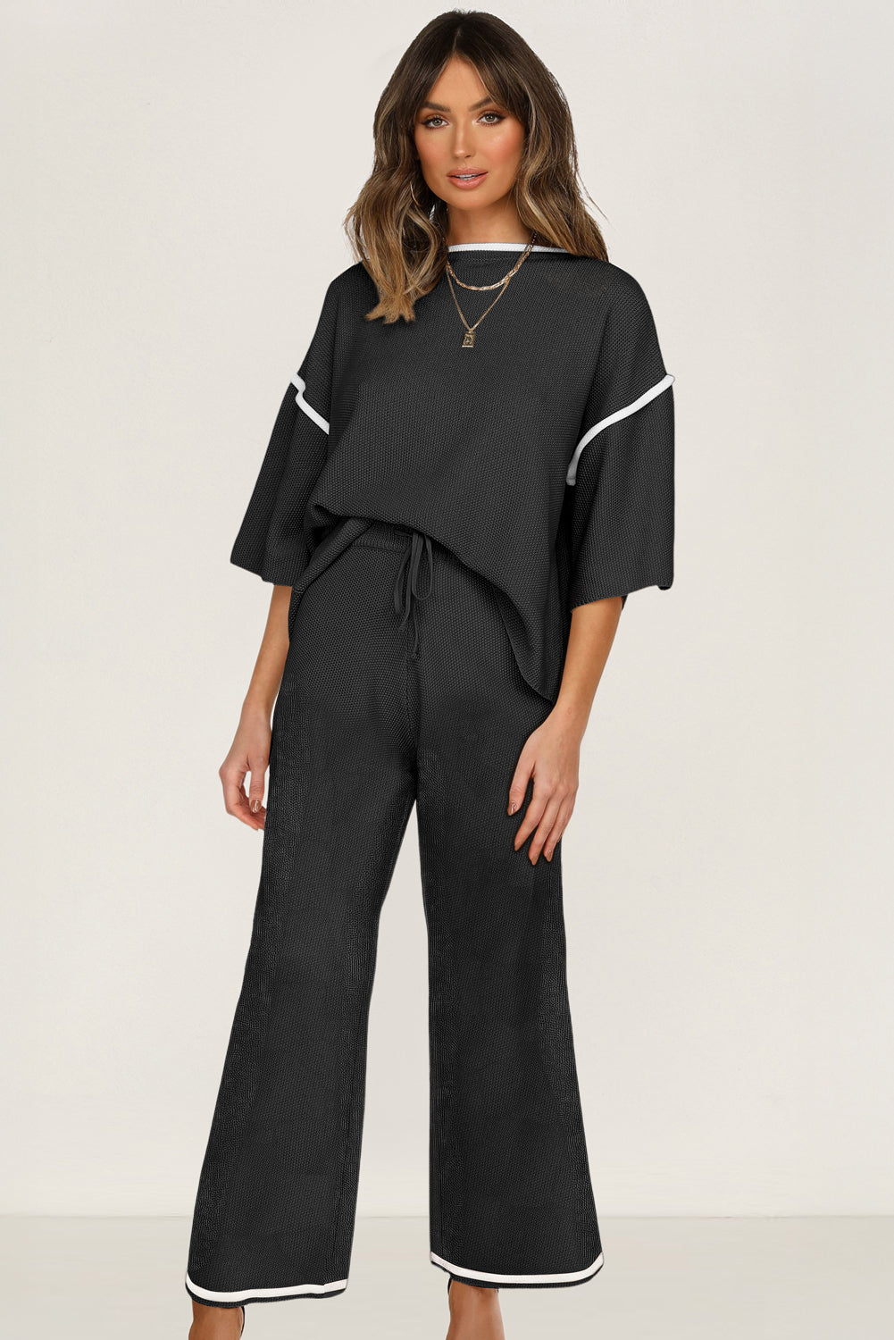 Black Contrast Trim Sweater Knit Pant Set