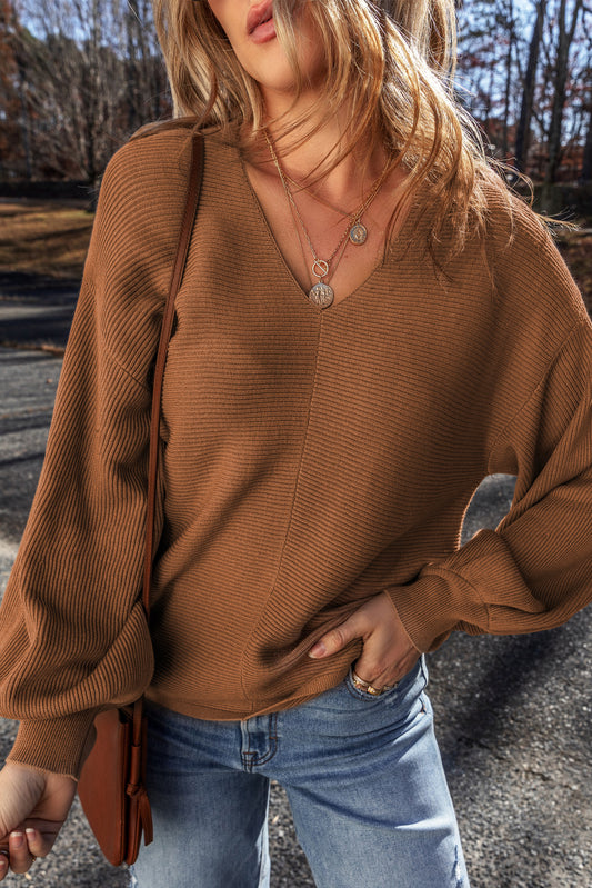 Camel Ribbed Knit Drop Sleeve V-Neck Loose Fit Sweater
