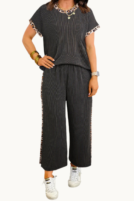 Carbon Grey Leopard Patchwork Edge Twisted Rib T Shirt and Cropped Pants Set