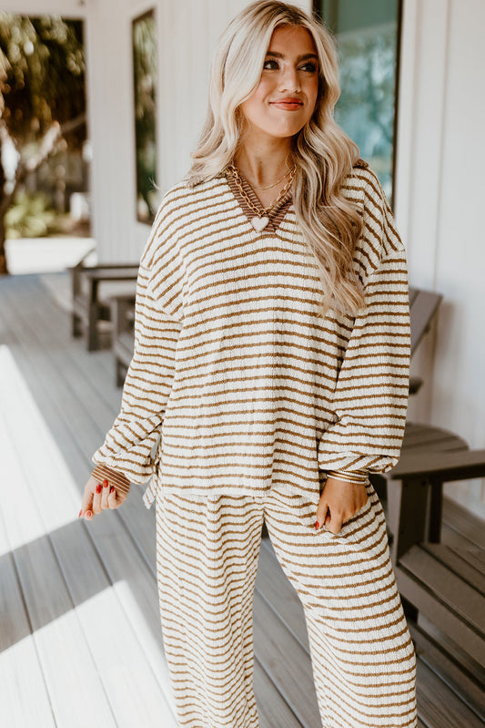 Khaki Stripe Collared Pullover & Wide-Leg Pant Set – Cozy 2 Piece