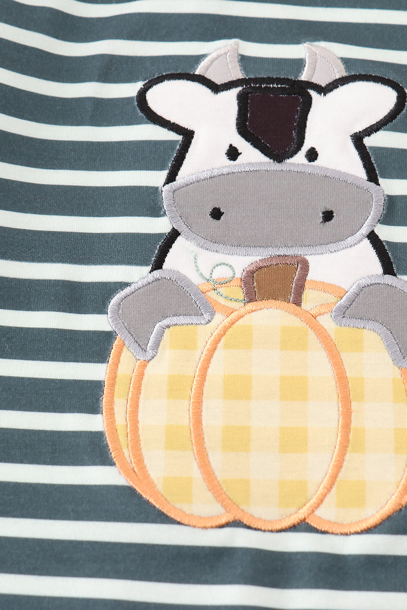 Green Stripe Cow & Pumpkin Applique Romper