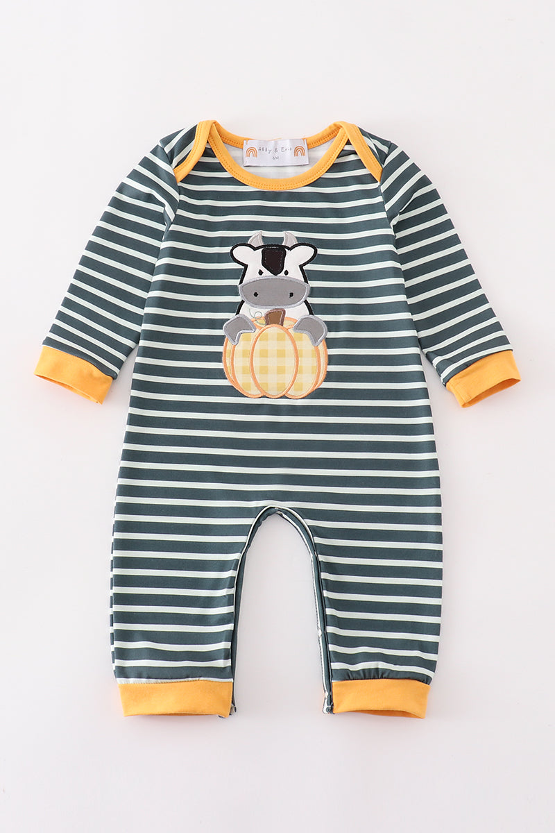 Green Stripe Cow & Pumpkin Applique Romper