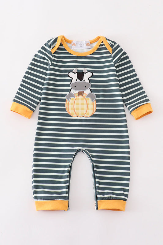 Green Stripe Cow & Pumpkin Applique Romper