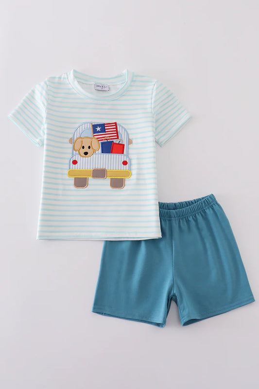 Blue Stripe Puppy Flag Applique Shorts Set