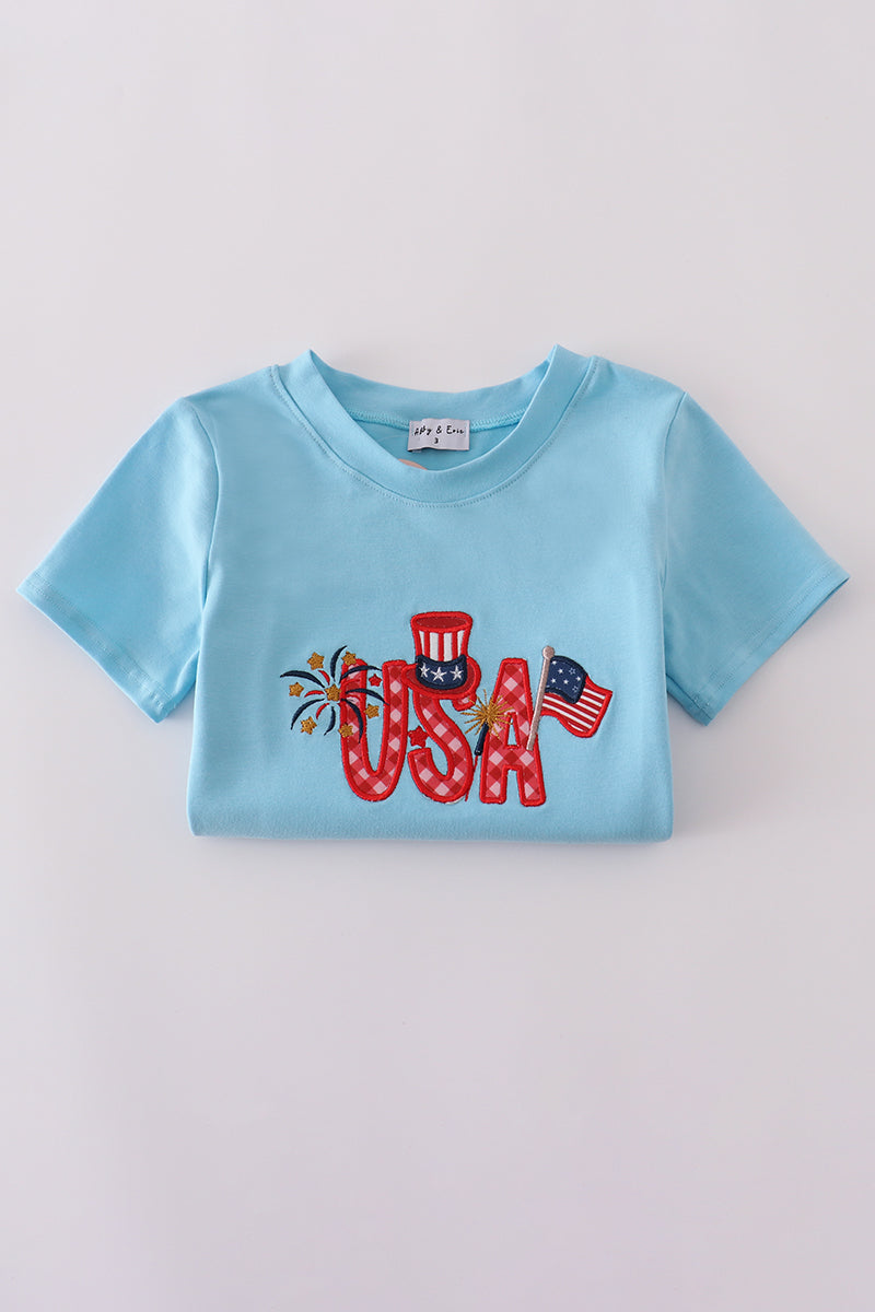 Patriotic Blue USA Flag Embroidery Shorts