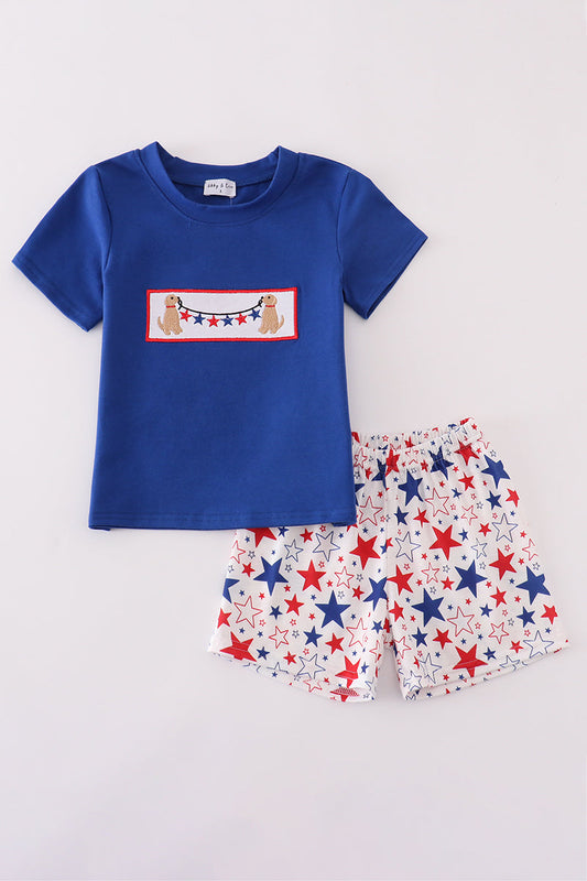 Blue Puppy Embroidered Shorts