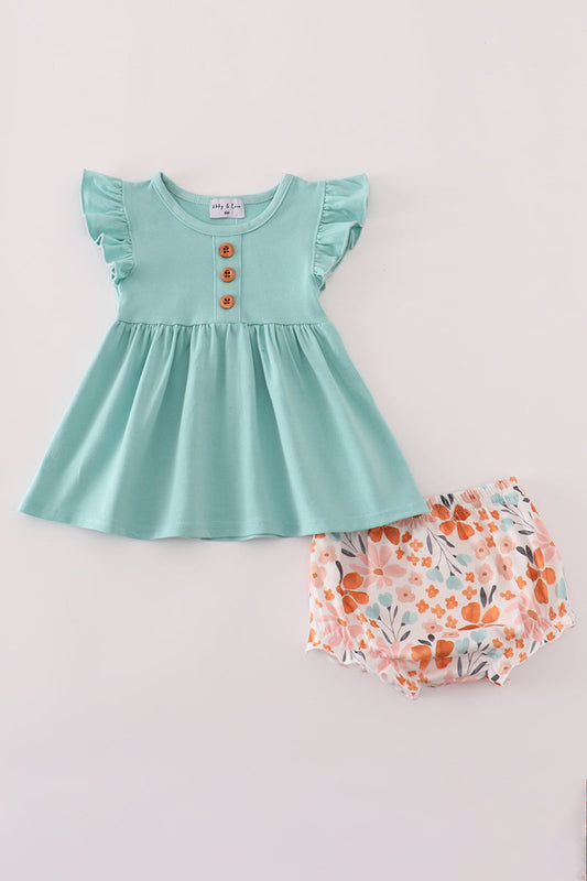 Mint Flutter Sleeve Top Floral Bloomers Set