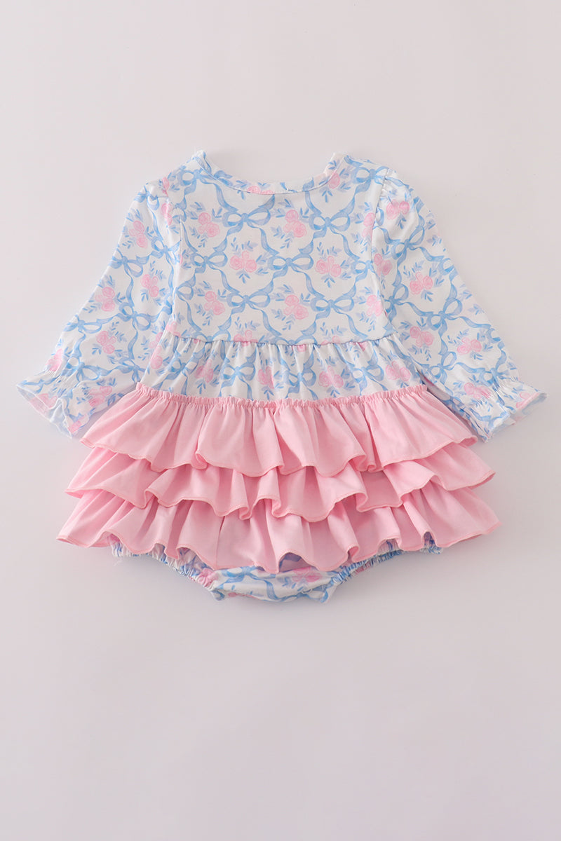 Blue Floral Bow Print Ruffle Bubble