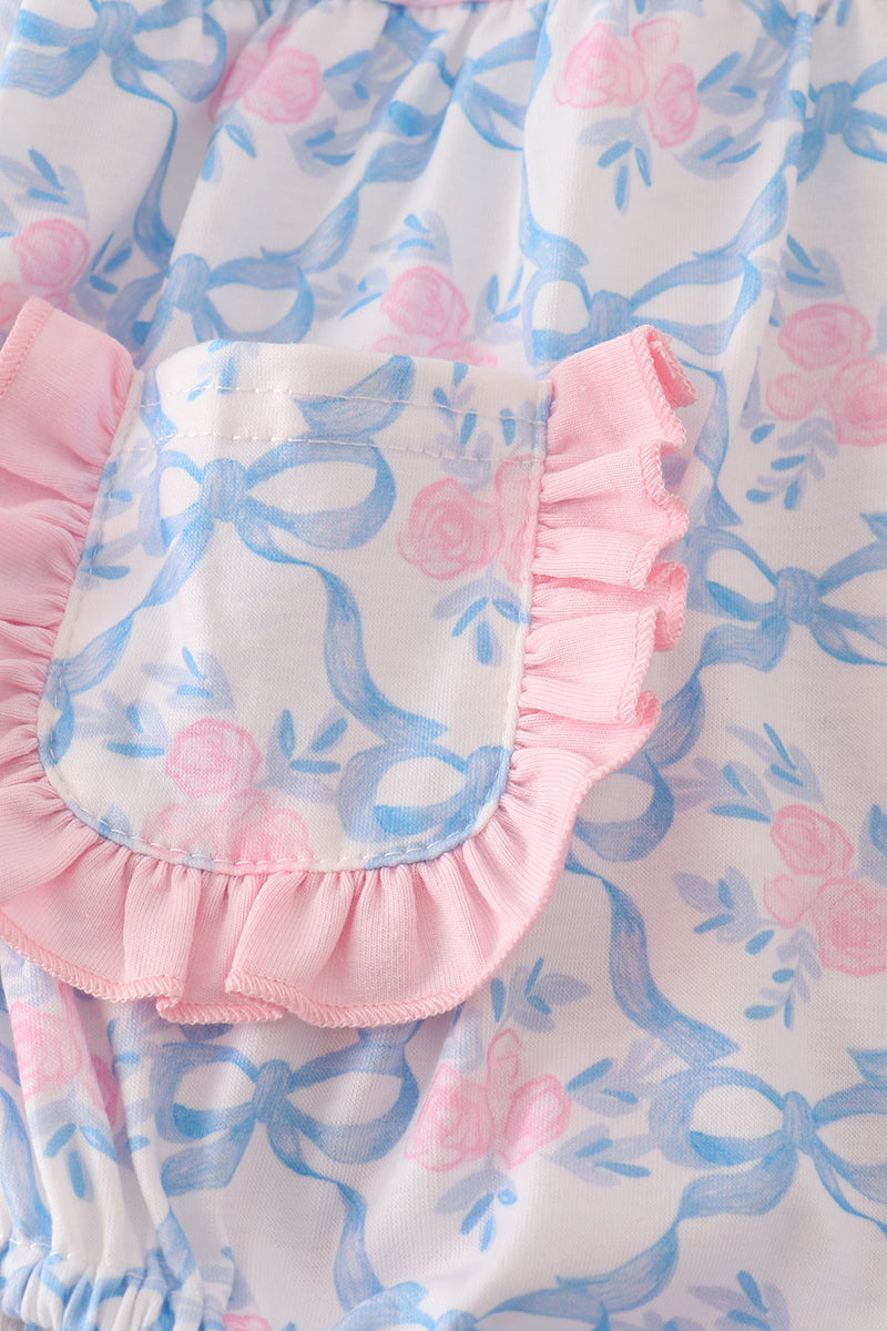 Blue Floral Bow Print Ruffle Bubble