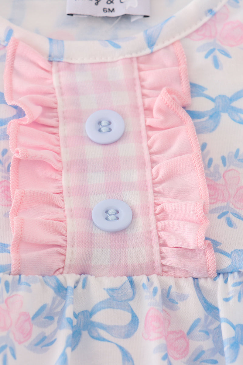 Blue Floral Bow Print Ruffle Bubble