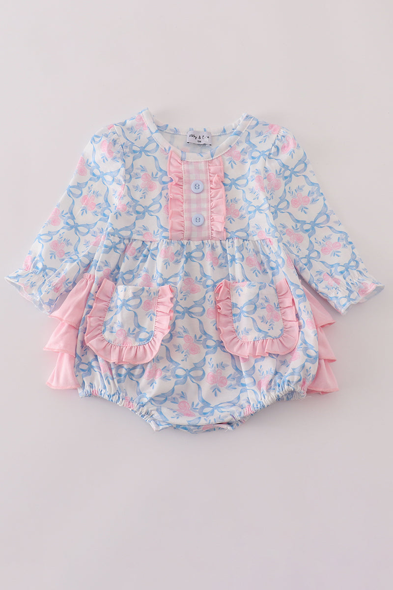 Blue Floral Bow Print Ruffle Bubble