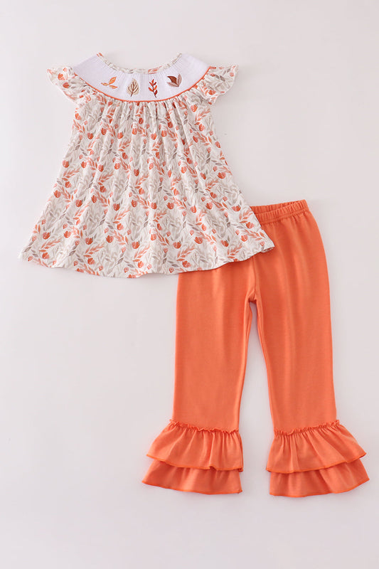 Fall Leaves Embroidery Smocked Ruffle Pants Set