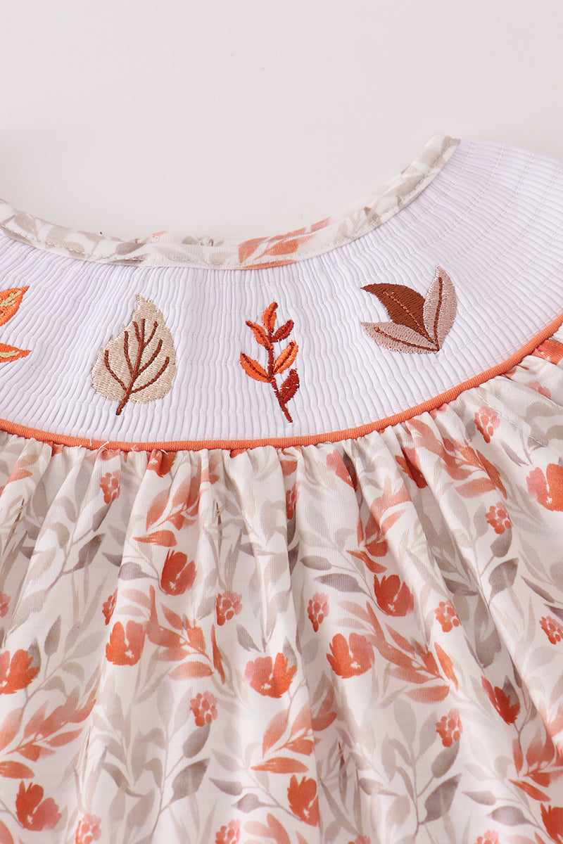 Fall Leaves Embroidery Smocked Ruffle Pants Set