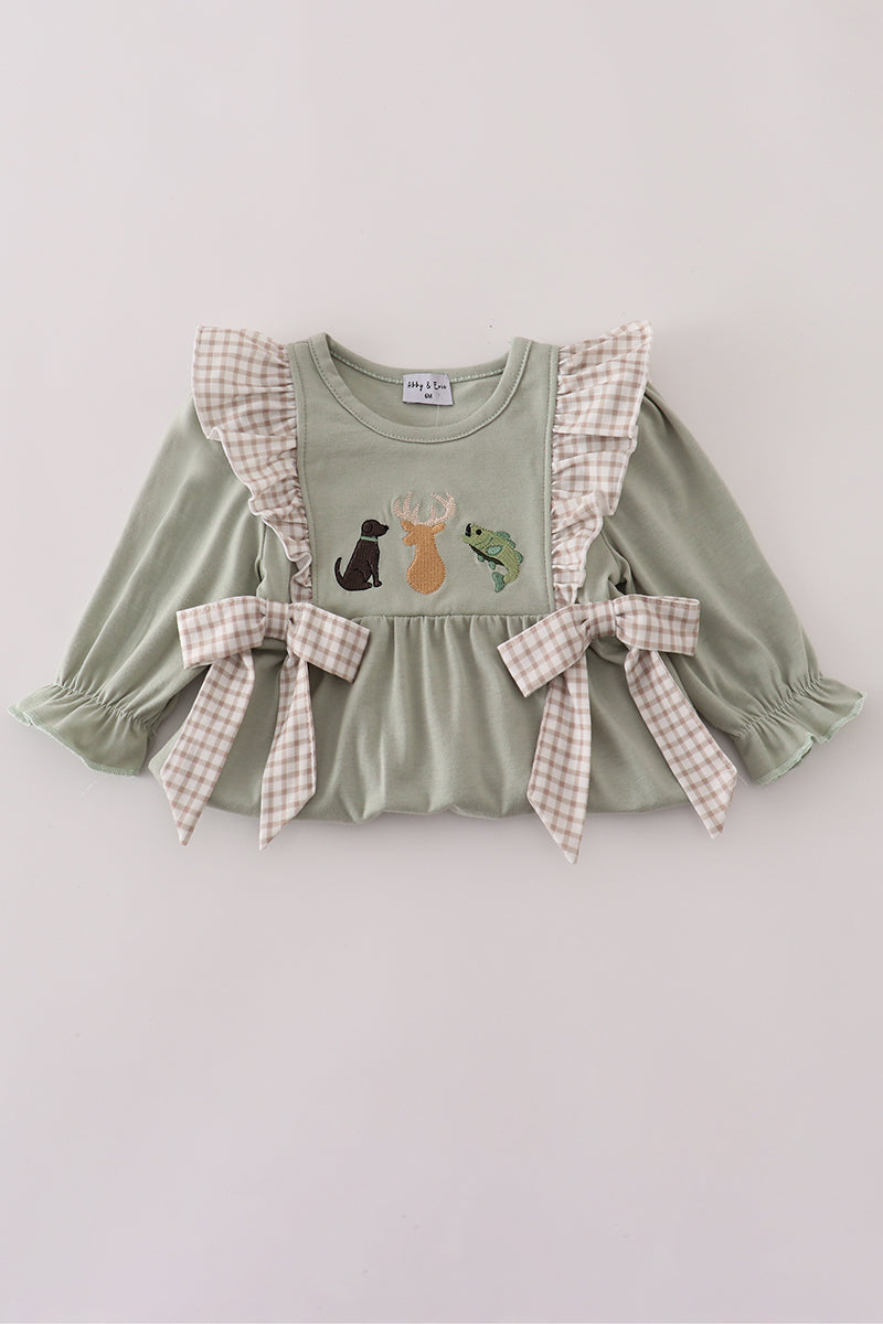 Dog Deer & Fish Embroidery Ruffle Romper