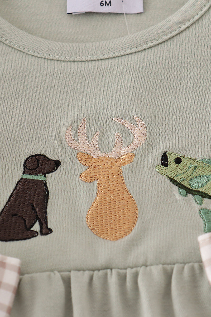 Dog Deer & Fish Embroidery Ruffle Romper