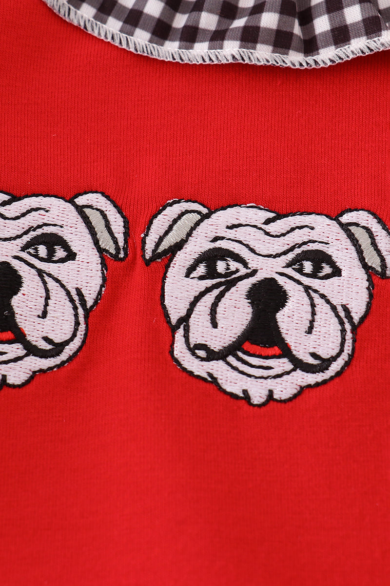 Bulldog Embroidered Baby Romper – Red & Gingham