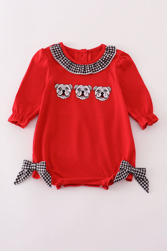Bulldog Embroidered Baby Romper – Red & Gingham