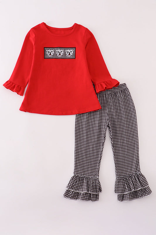 Bulldog Smocked Ruffle Pant Set – Red & Gingham
