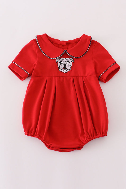 Bulldog Embroidered Bubble Romper – Red with Gingham Trim