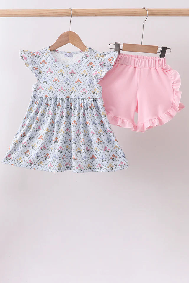 Blue Floral Ruffle Bloomer Set