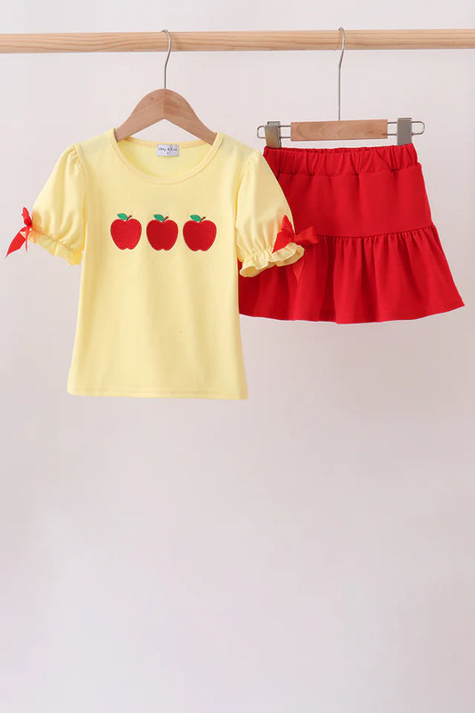 Girls Apple Embroidered Skort Set