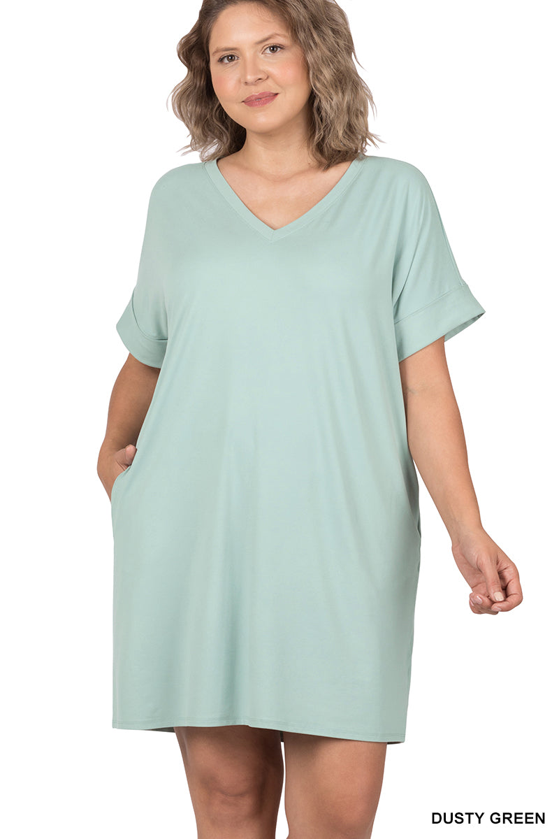 Zenana Plus Size V-Neck T-Shirt Dress w/ Pockets Soft Casual Short Sleeve