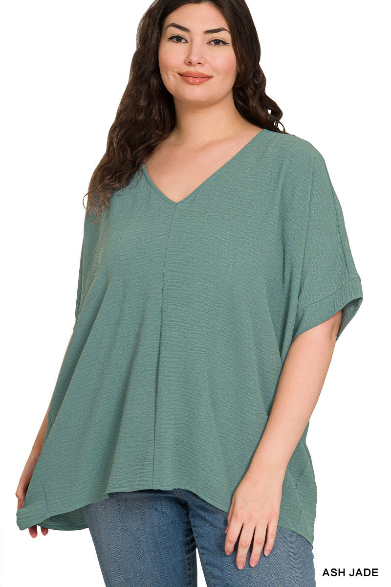Plus Woven Airflow V-Neck Dolman Short Sleeve Top