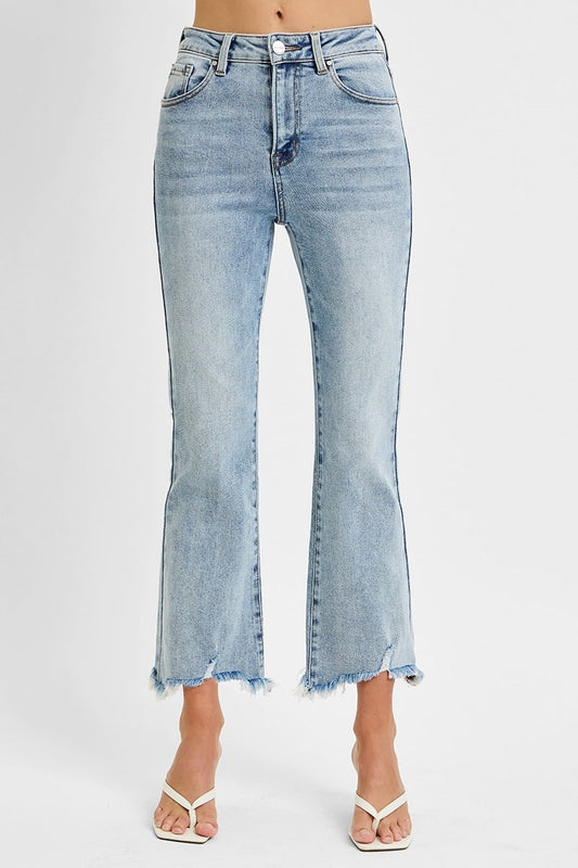 Risen High Rise Crop Flared Frayed Hem Jeans