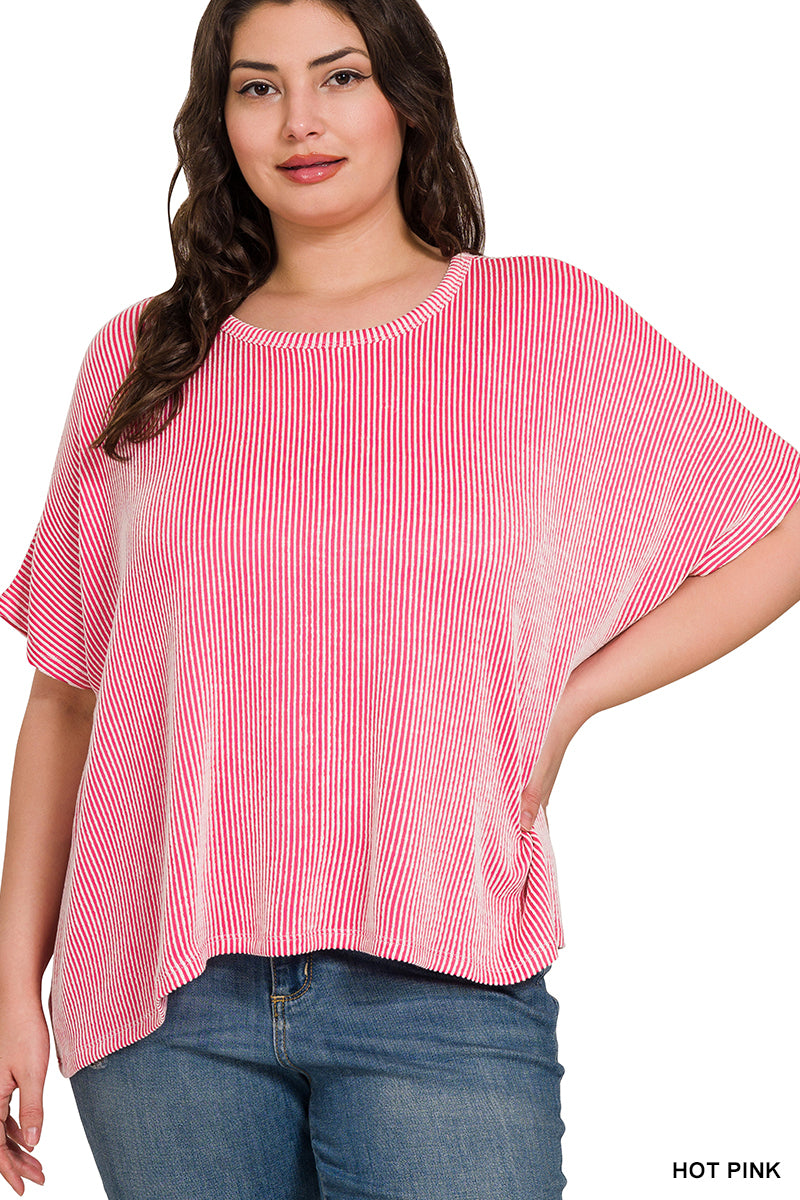 Plus Ribbed Striped Oversized Short Sleeve Top