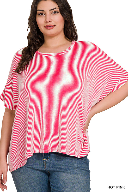 Plus Ribbed Striped Oversized Short Sleeve Top