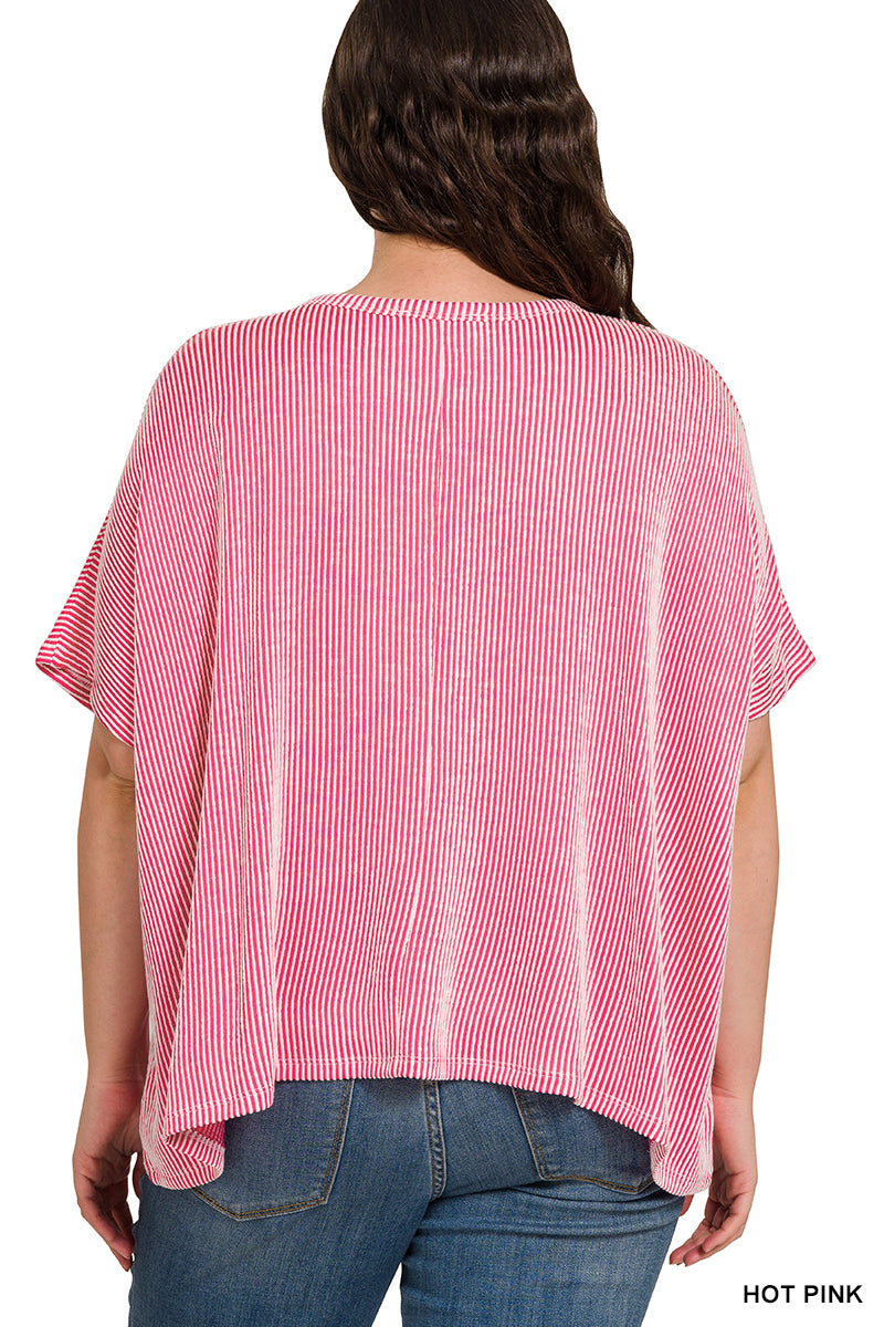 Plus Ribbed Striped Oversized Short Sleeve Top