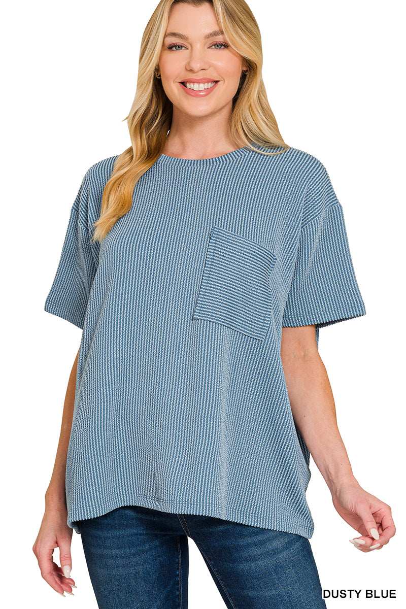 Raised Rib Short Sleeve Front Pocket Top by Zenana